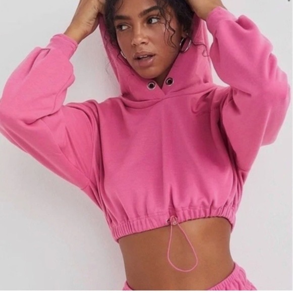 For Love & Lemons Ellie Cropped Sweatshirt Pink Hooded Long Sleeve Size Large 8 - Picture 1 of 13